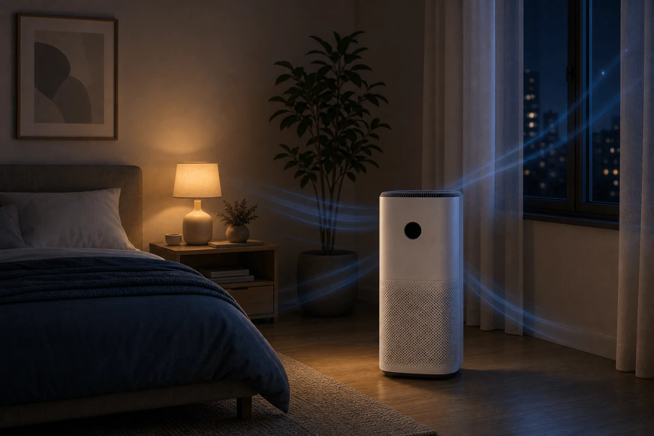 Nighttime bedroom illustration showing an air purifier running quietly with gentle airflow near a bed