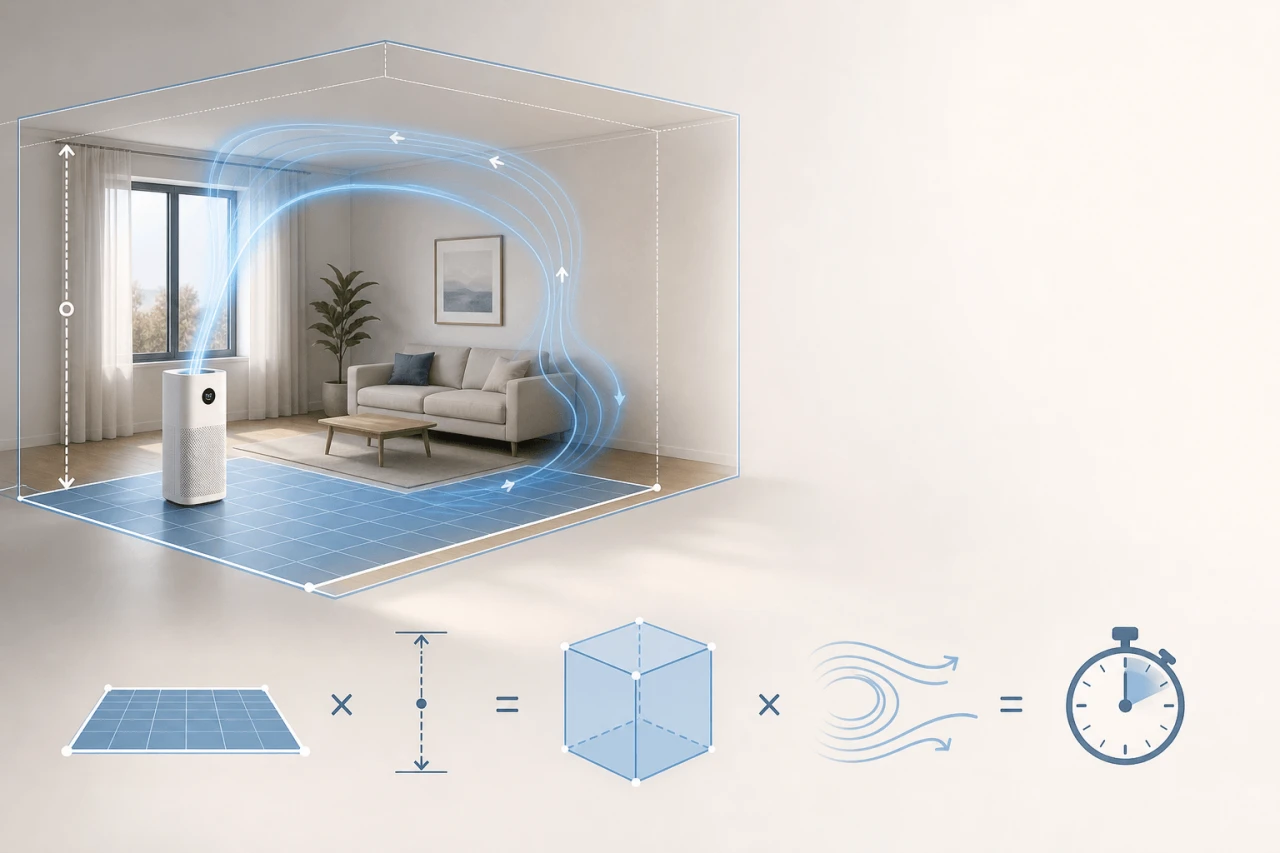 Illustration showing room volume, ceiling height, purifier airflow and time needed for one theoretical air change