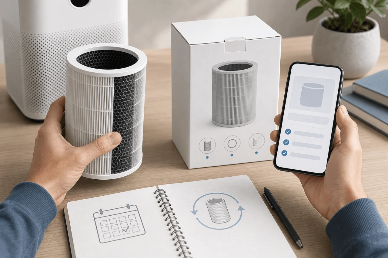 Hands checking an air purifier replacement filter against the box, reminder notes and a phone checklist
