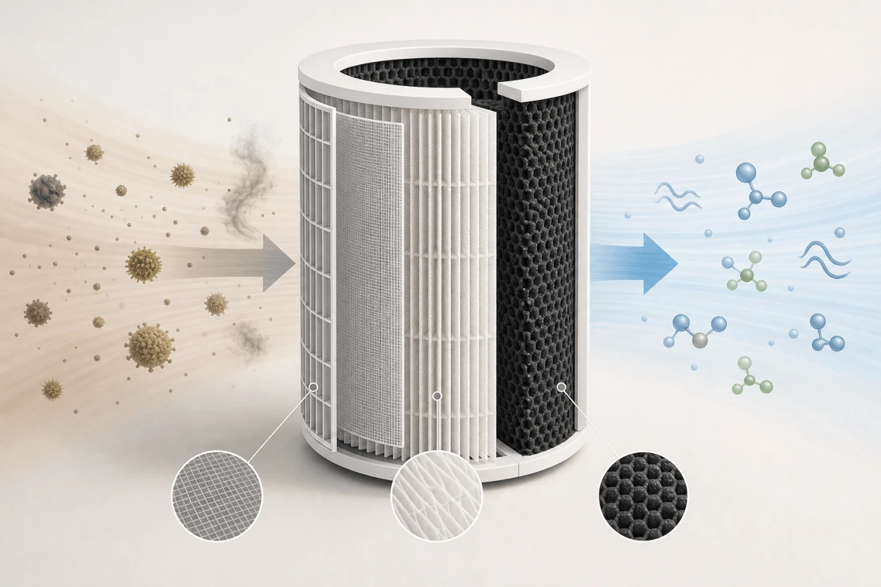 Cutaway illustration of an air purifier filter showing pre-filter, particle filter and activated carbon layers for particles and odors