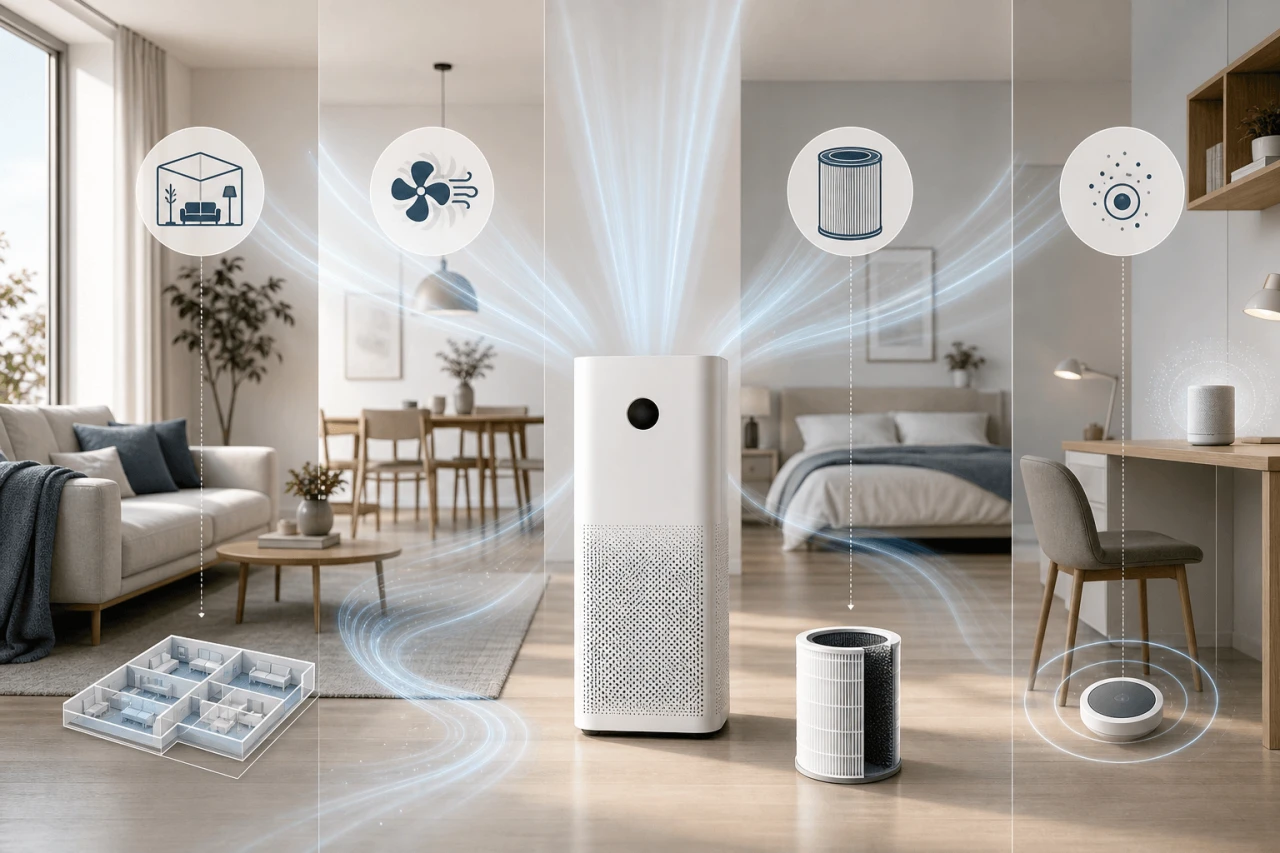 Illustration of a smart air purifier buying guide showing room size, airflow, filter replacement and air quality monitoring in a modern apartment