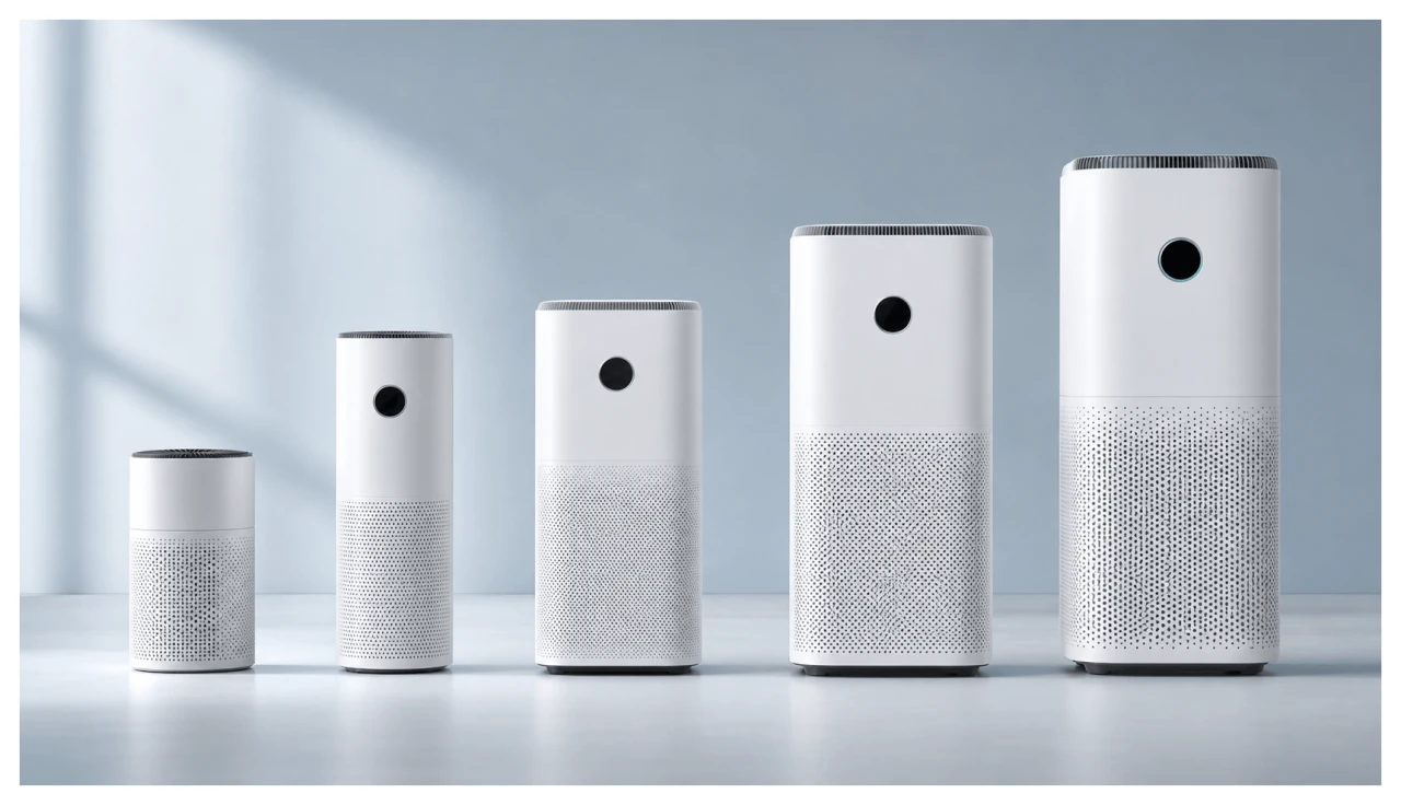 Illustrated lineup of five smart air purifiers arranged from compact size to larger high-output models