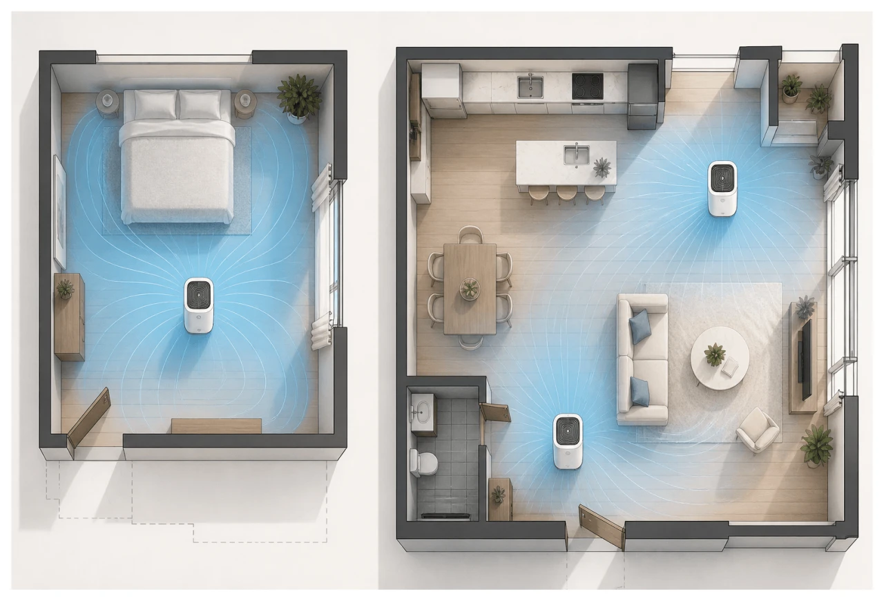 Top-down illustration comparing one air purifier in a closed bedroom with two purifier zones in a larger open-plan apartment