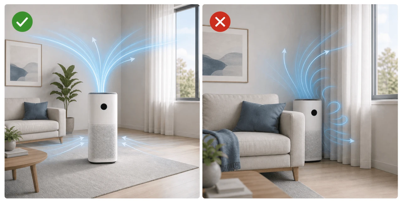 Side-by-side illustration showing correct air purifier placement in open space versus incorrect placement hidden behind furniture and curtains