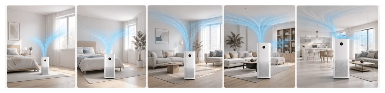 Illustrated room-by-room guide showing how different air purifier sizes fit a small bedroom, medium bedroom, living room, large living room and open-plan apartment