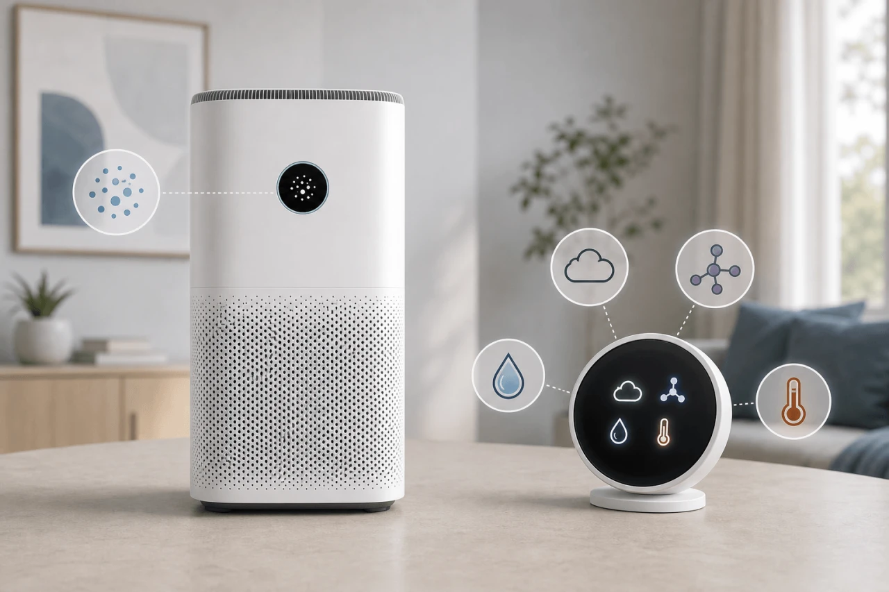 Illustration comparing a purifier PM2.5 reading with a separate indoor air quality monitor that tracks more signals such as gas, humidity, temperature and VOCs