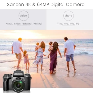 4K Digital Camera for Photography & Video with WiFi, 64MP, Touch Screen, 32GB Card, Saneen