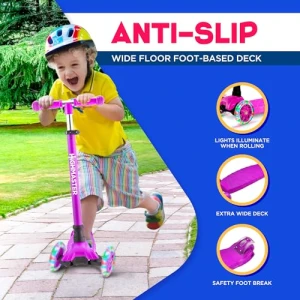 3 Wheel Kick Scooter for Kids with LED Lights and Adjustable Handlebar, HighMaster