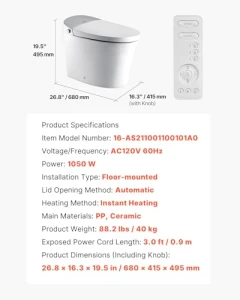 Smart Toilet with Heated Seat and Auto Freshening System, VEVOR