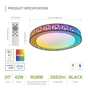 20 Inch Smart RGBW Flush Mount Ceiling Light — Smart Light Bulb, ASD