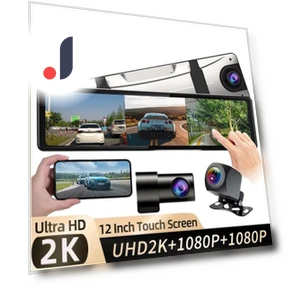 12-inch Touch Screen QHD 2K Triple Lens Dash Cam Mirror — Rearview Cameras for Cars, Simplistic Living Home