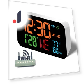 WiFi Desktop Clock with Calendar, Humidity, Smart Thermometer, and LED Display — Alarms & Clocks, DC-HOME Textile