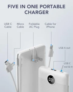 Portable Charger with Built-in Cables and AC Wall Plug — Power Bank, VRURC