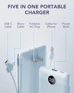 Portable Charger with Built-in Cables and AC Wall Plug — Power Bank, VRURC