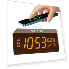 Wooden Wireless Charging Clock with Temperature and Humidity Display — Clocks, Fashionable bags
