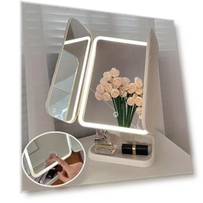 Portable Triple Makeup Mirror with 180° Rotation, Touch Screen, and LED Lighting — Compact & Travel, JingYou-home