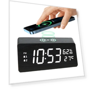 Wooden Wireless Charging Clock with Temperature and Humidity Display — Clocks, Fashionable bags