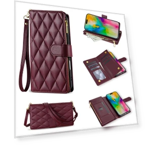 Rhombus Stitching Leather Wallet Phone Cover with Long/Short Strap — Phone Accessories, Smartwatch 2025