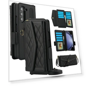 Quilted Design PU Leather Wallet Phone Cover with Shoulder Strap — Phone Accessories, Smartwatch 2025