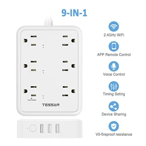 WiFi Flat Plug Strip with 3 Smart Outlets and 3 USB Ports — Smart Plug, TESSAN