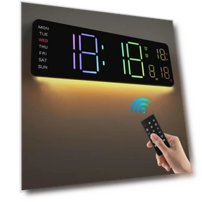Digital LED Wall Clock with Remote Control, Calendar, Colorful Night Light, and Temperature Display — Clocks, OFFICE-MALL