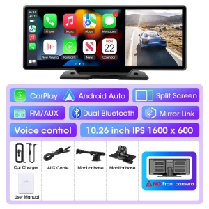 Wireless CarPlay and Android Auto 10.26-inch 350° Dual Lens 4K Dashboard Camera DVR with Bluetooth Audio, AUX, and GPS... — Dash Cam, Auto Accessories Home