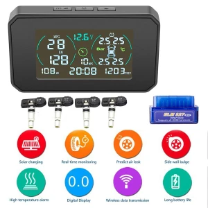 Wireless Car Tire Pressure Monitoring System with OBD2 HUD and Solar USB Charging — TPMS, Automotive parts products