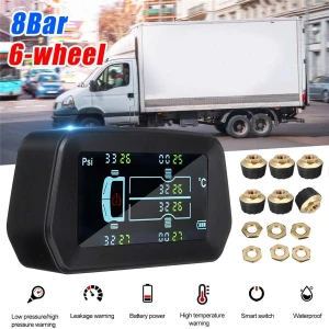 8 Bar Solar-Powered Tire Pressure Monitoring System with LCD Display and 6 External Sensors — TPMS, Vehicleaccessories