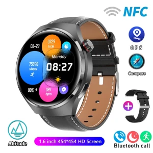 Smartwatch with GPS, NFC, AMOLED Display, Heart Rate Monitor, Bluetooth Calling, IP68 Waterproof, Leather Strap — Smart Watch, QLY Online