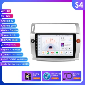 Android 14 Car Stereo with 4G LTE, Apple CarPlay, GPS, QLED Screen for Citroen C4 2004-2009 — Car Infotainment System, Hizpo
