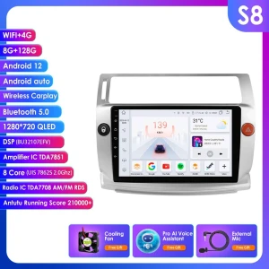 Android 14 Car Multimedia Player for Citroen C4 (2004-2009) with GPS Navigation, Apple CarPlay, 4G, QLED Display — Car Infotainment System, Hizpo
