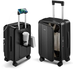 Top Opening Carry-On Luggage with Cup Holder, Phone Holder, USB Port, Expandable Hard Shell — Smart Luggage, CASELLY