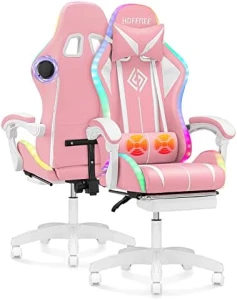 Gaming Chair with Bluetooth Speakers, RGB LED Lights, Massage Lumbar Support, and Retractable Footrest — Smart Chairs, VANSPACE