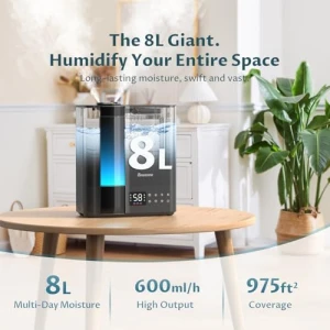Humidifier for Bedroom, Warm & Cool Mist for Large Room, Top Fill Ultrasonic, Humidity Sensor, Essential Oil, 60H... — Humidifier, BREEZOME