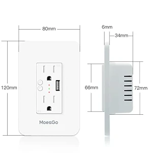 Smart Power Wall Outlet with USB, WiFi Socket with 2 Plug Outlets 15 Amp Divided Control — Smart Plug, MoesGo