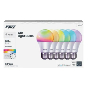 Smart LED Light Bulb, 60W Equivalent, Dimmable, RGBW Color Changing, Wi-Fi Enabled, 6-Pack — Smart Light Bulb, Feit Electric