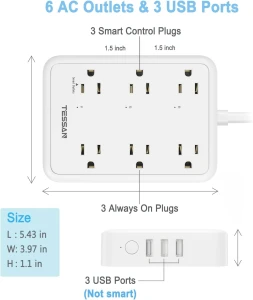WiFi Flat Plug Strip with 3 Smart Outlets and 3 USB Ports — Smart Plug, TESSAN
