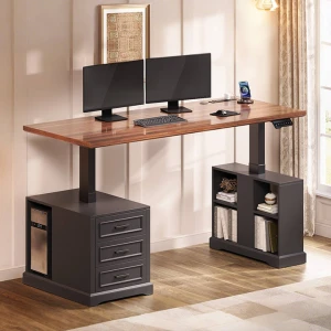 Farmhouse Electric Standing Desk with Drawers and Storage Shelves — Standing Desk, SEDETA