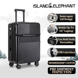 Carry On Luggage with Aluminum Frame, Cup Holder, USB Charging, and 360° Spinner Wheels — Smart Luggage, ISLAND ELEPHANT