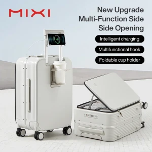 Carry On Luggage with Cup Phone Holder and Charger Hard Shell Suitcase — Smart Luggage, mixi