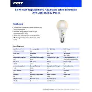 A19 LED Light Bulb, 60W Equivalent, Dimmable, Color Selectable 6-Way — Smart Light Bulb, Feit Electric