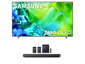 85-inch Neo QLED TV with HW-Q990F soundbar and subwoofer — Smart TV, Samsung