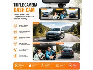 3-Channel Mirror Dash Cam, 4K, 5.8GHz Wi-Fi — Dash Cam, TUKO