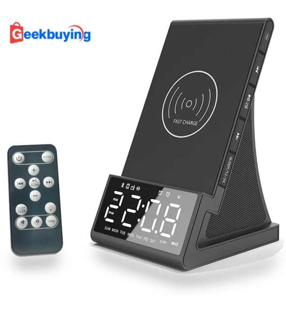 Wireless Fast Charger Alarm Clock Radio with Bluetooth Speaker — Portable Audio, GREEN TIME