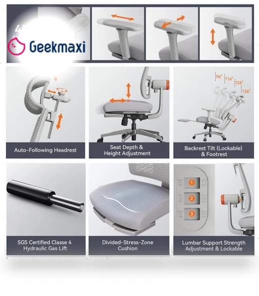 Ergonomic Chair with Footrest, Auto-Following Backrest Headrest, Adaptive Lower Back Support - Gray — Desk Chairs, NEWTRAL