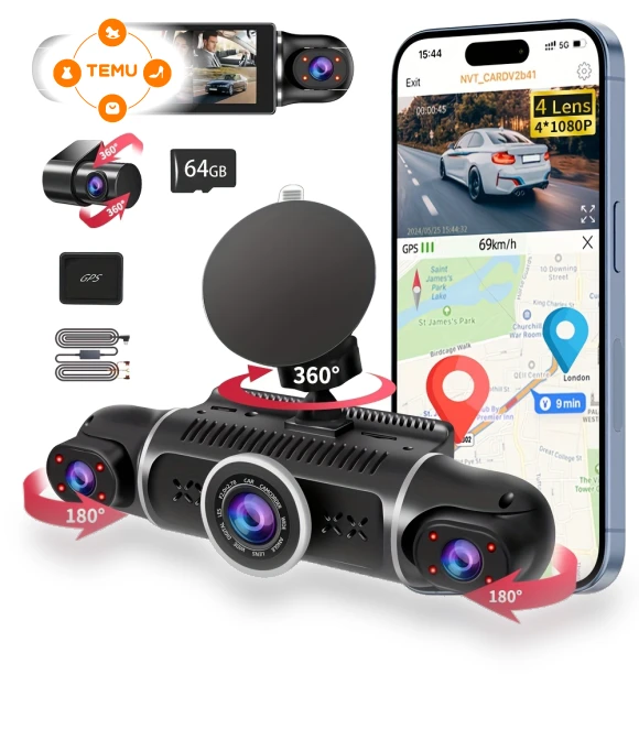 4 Channel 360° Rotatable Dash Camera for Cars with Built-in WiFi — Rearview Cameras for Cars