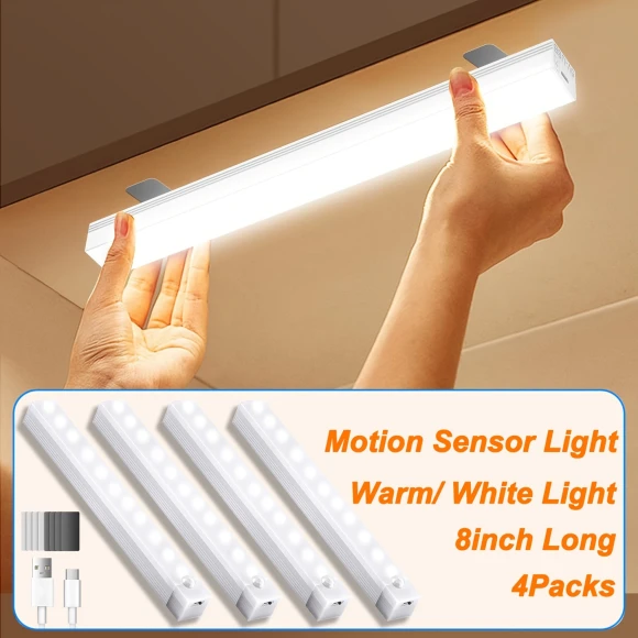 Motion Sensor Under Cabinet LED Lights, 4packs-8inch, Magnetic Rechargeable