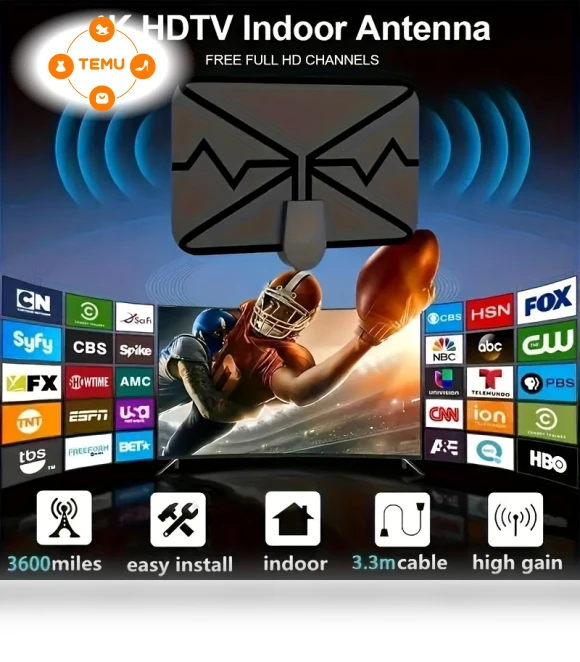 Portable HD TV Antenna Supports 4K 1080p with 360° Signal Switch, 16.6 Feet — Antennas