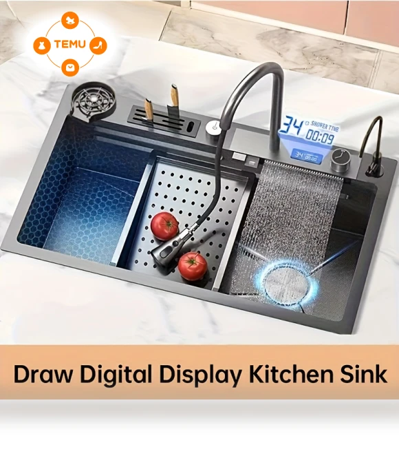 Smart Single Bowl Kitchen Sink with LED Digital Display — Single Basin Sinks