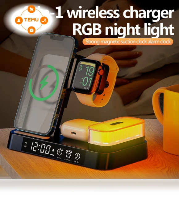 3-in-1 Wireless Charging Dock with Time Display, Alarm Clock, and Nightlight — Alarms & Clocks, Jogrytece
